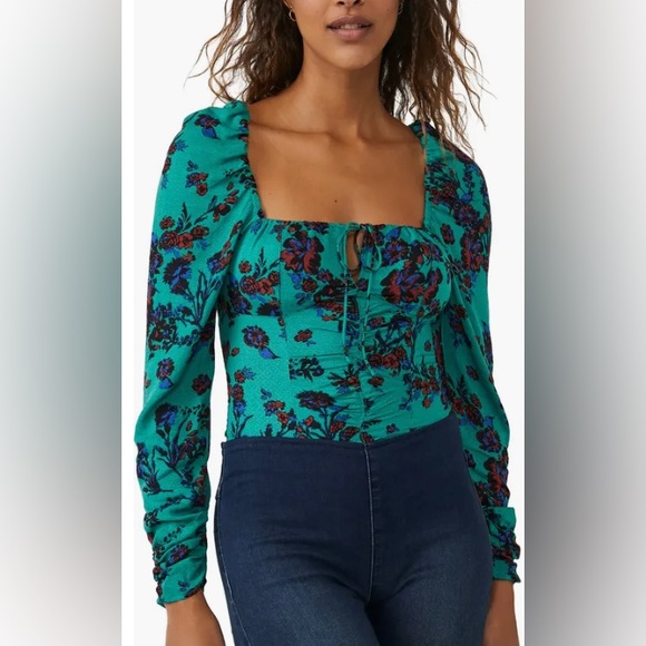 NEW Free People Hilary Printed Top in Green Combo - Picture 2 of 7